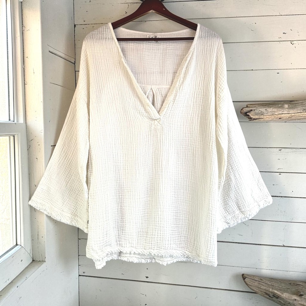 White 100% Cotton Double Gauze Tunic M Plunge V-Neck Bell Sleeve Frayed Hem
